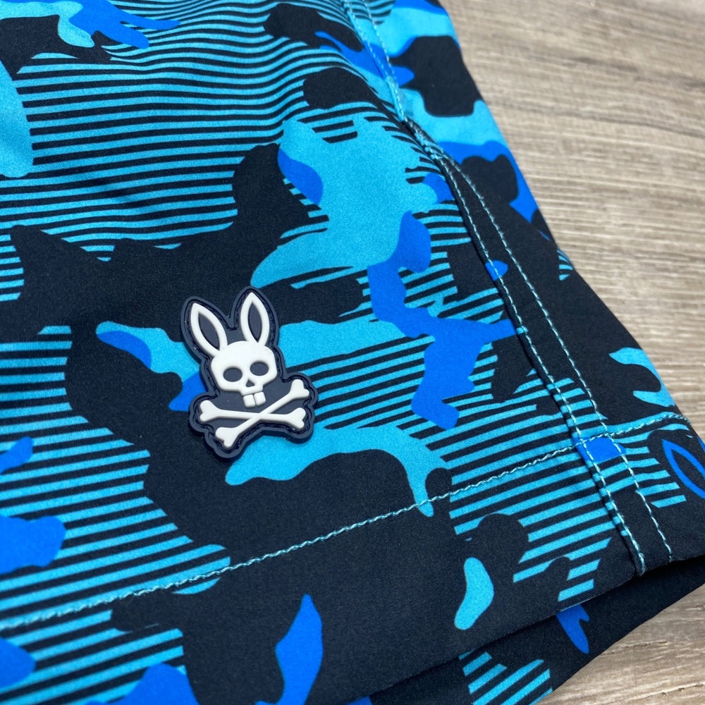 Psycho Bunny Swim Trunks Boys XL Blue Camo Striped Mesh Lined Beach Shorts - Picture 2 of 10